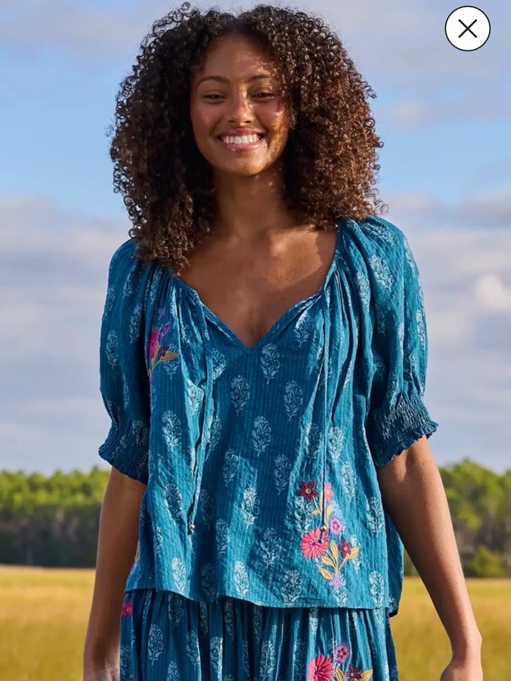 Natural life Block Stamp Indigo blouse